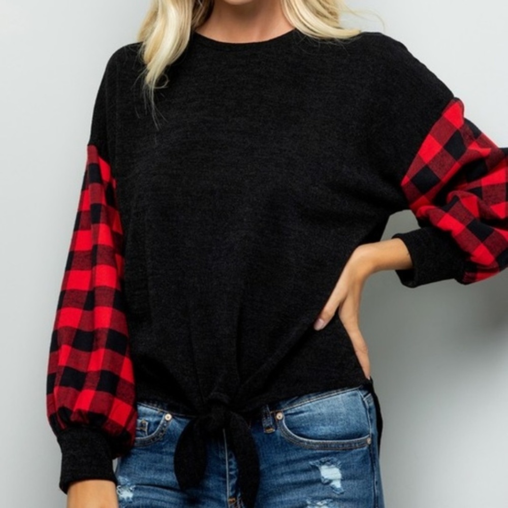 Say No More Buffalo Plaid Front Tie Sweater Top - Picture 5 of 6